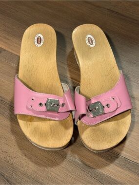 Dr. Scholl’s Original Exercise Sandals Pink Leather Wood Slides Women’s Size 9
